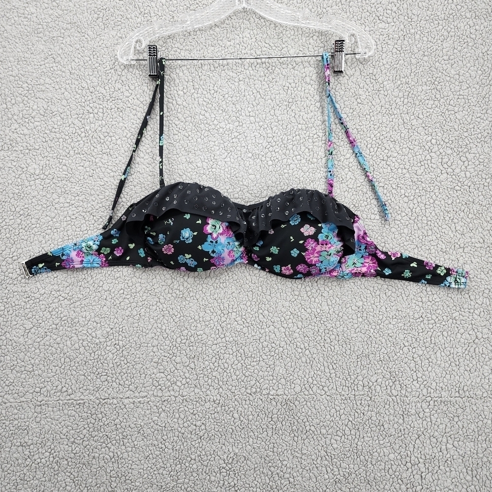 La Vie En Rose Bikini Swimsuit Halter Top Womens Large Aqua Purple Floral Sequin